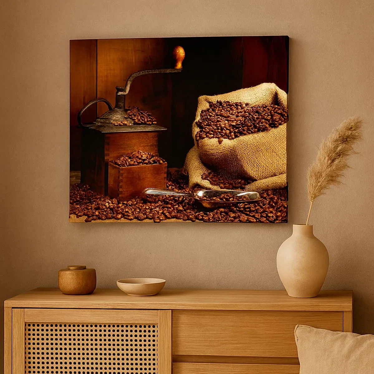 Quadro su tela - Stampe su Tela - Un vecchio macinacaffè con chicchi e un sacchetto in stile rustico. - 70x50cm - Natura morta con chicchi di caffè e macinino - Decorazione murale moderna per soggiorno e camera da letto ARTTOR