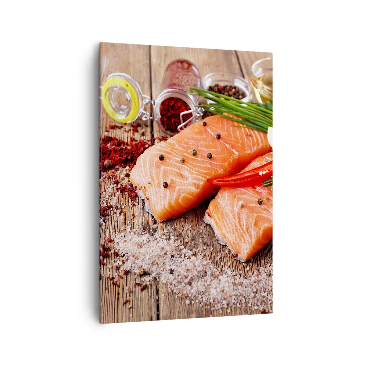 Quadro su tela - Stampe su Tela - Filetti di salmone con spezie su fondo di legno - 70x100cm - Avventura norvegese in cucina - Decorazione murale moderna per soggiorno e camera da letto ARTTOR