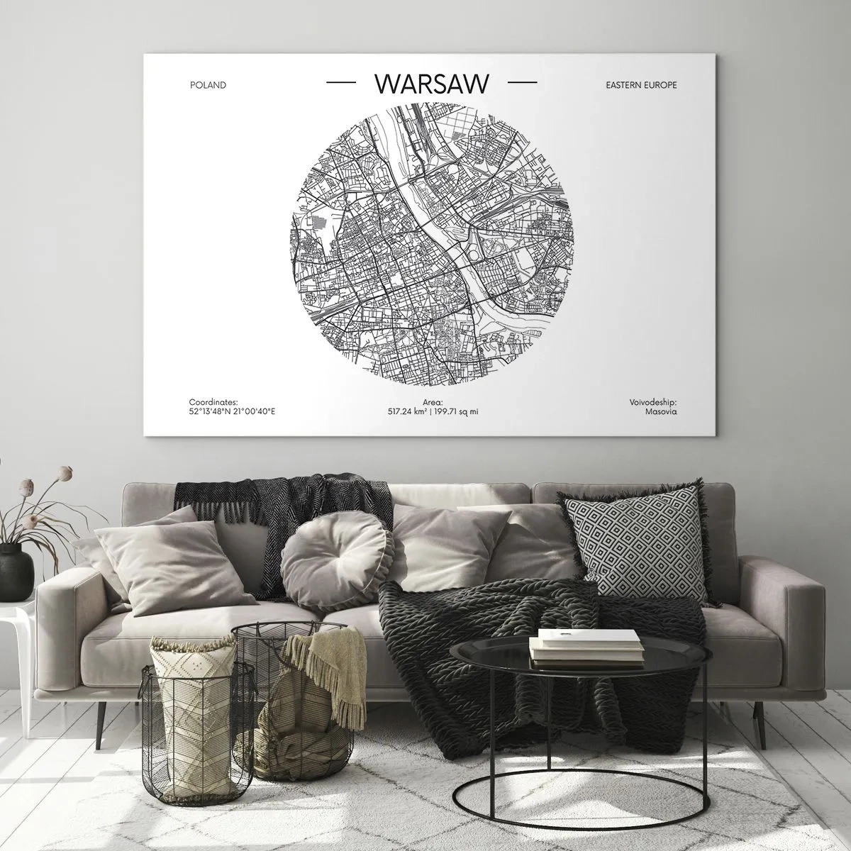 Quadro su vetro - Mappa di Varsavia sotto forma di illustrazione grafica - 70x50cm - Anatomia di Varsavia - Decorazione murale moderna per soggiorno e camera da letto ARTTOR