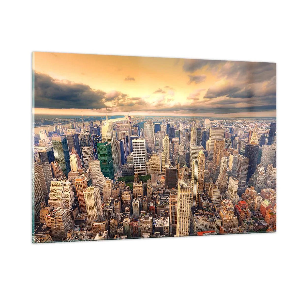 Quadro su vetro - Panorama della città con grattacieli al tramonto - 120x80cm - Metropolis dorata - Decorazione murale moderna per soggiorno e camera da letto ARTTOR