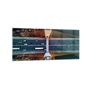 Quadro su vetro - Vista aerea del ponte sul fiume e del paesaggio autunnale - 120x50cm - Oltre il fiume, oltre il bosco - Decorazione murale moderna per soggiorno e camera da letto ARTTOR