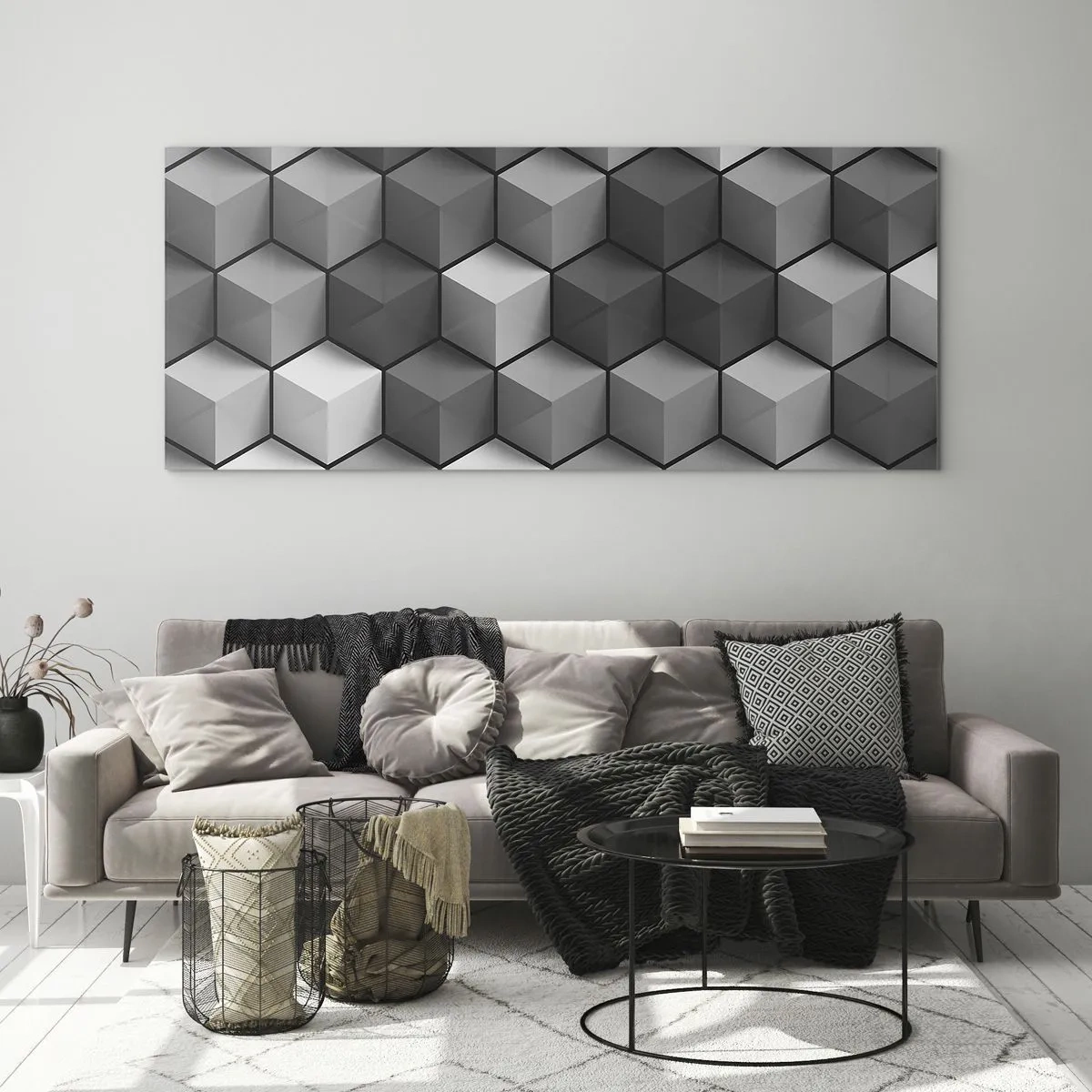 Quadro su vetro - Composizione geometrica di cubi nelle tonalità del grigio e del nero - 160x50cm - Puzzle cubista - Decorazione murale moderna per soggiorno e camera da letto ARTTOR