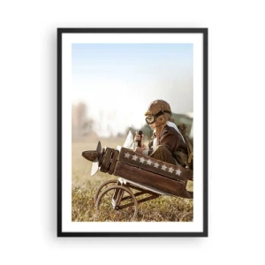 Poster in cornice nera - Un bambino su un aeroplano di legno con le stelle sullo sfondo - 50x70cm - Decollo verso i sogni - Decorazione murale moderna per soggiorno e camera da letto ARTTOR