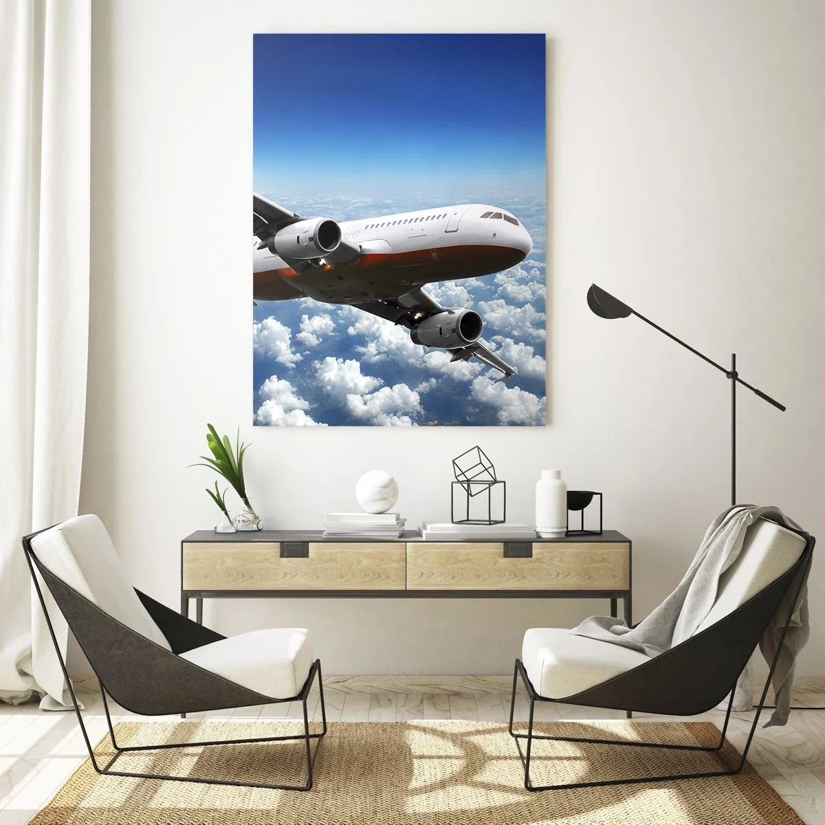Quadro su vetro - Un aereo passeggeri che vola sopra le nuvole contro un cielo blu - 50x70cm - Lascia tutto - Decorazione murale moderna per soggiorno e camera da letto ARTTOR