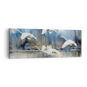 Quadro su tela - Stampe su Tela - Cigni in volo sopra un lago ghiacciato in un paesaggio invernale - 140x50cm - Come la favola dei cigni selvatici - Decorazione murale moderna per soggiorno e camera da letto ARTTOR
