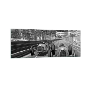 Quadro su vetro - Scena di gara automobilistica retrò monocromatica - 140x50cm - Tanto tempo fa a Montecarlo - Decorazione murale moderna per soggiorno e camera da letto ARTTOR