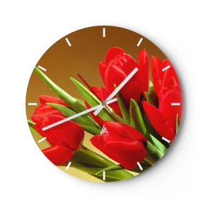 Orologio da parete - Orologio in Vetro - Un mazzo di tulipani rossi su sfondo dorato - 30x30cm - Un mazzo di gioia primaverile - Decorazione murale moderna per soggiorno, cucina e camera da letto ARTTOR