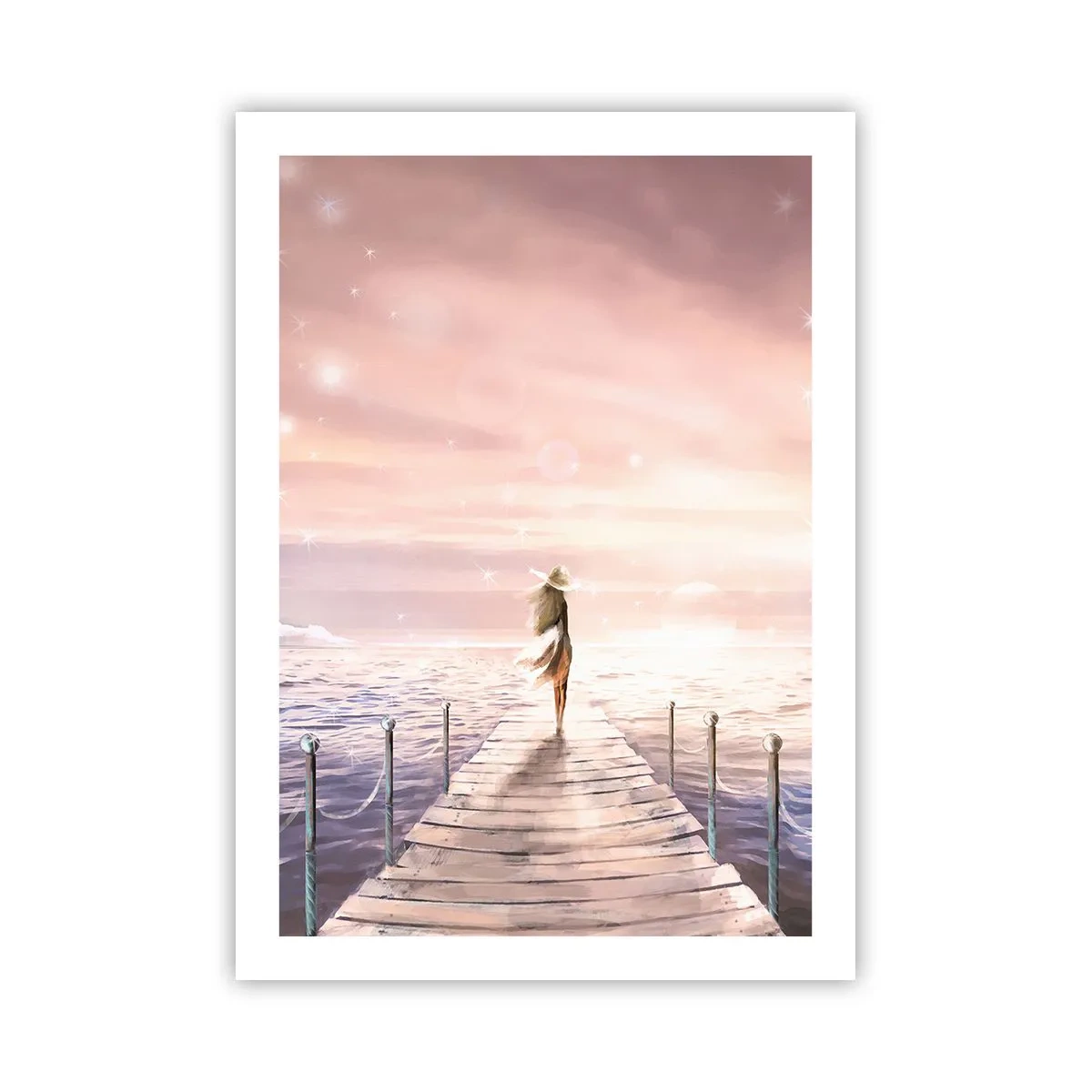 Poster - Romantico tramonto sul molo con una donna con un cappello - 50x70cm - Alla luce del sogno - Decorazione murale moderna per soggiorno e camera da letto ARTTOR