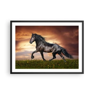 Poster in cornice nera - Un cavallo nero che galoppa contro il sole al tramonto - 70x50cm - Il principe nero - Decorazione murale moderna per soggiorno e camera da letto ARTTOR