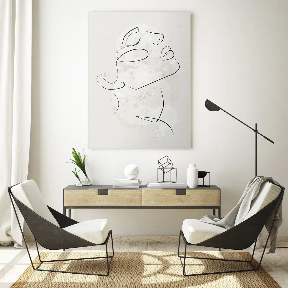 Quadro su vetro - Uno schizzo minimalista di un volto su uno sfondo chiaro - 80x120cm - Profilo di sogno - Decorazione murale moderna per soggiorno e camera da letto ARTTOR