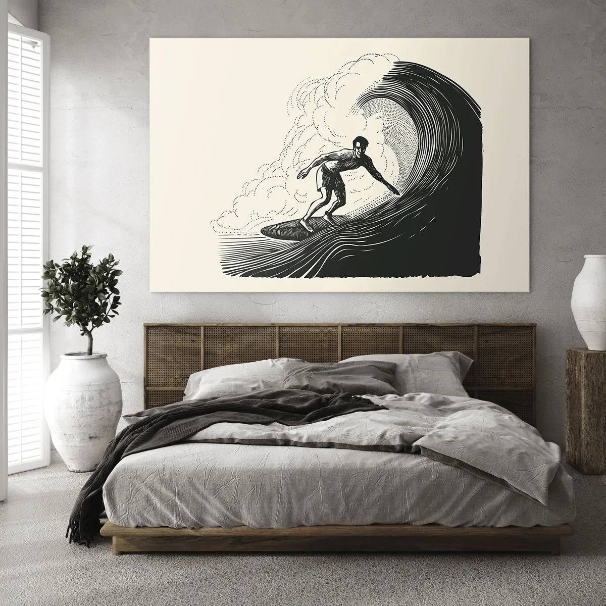 Quadro su vetro - Surfista che cavalca un'onda alta in uno stile di disegno retrò - 120x80cm - Il re delle onde - Decorazione murale moderna per soggiorno e camera da letto ARTTOR