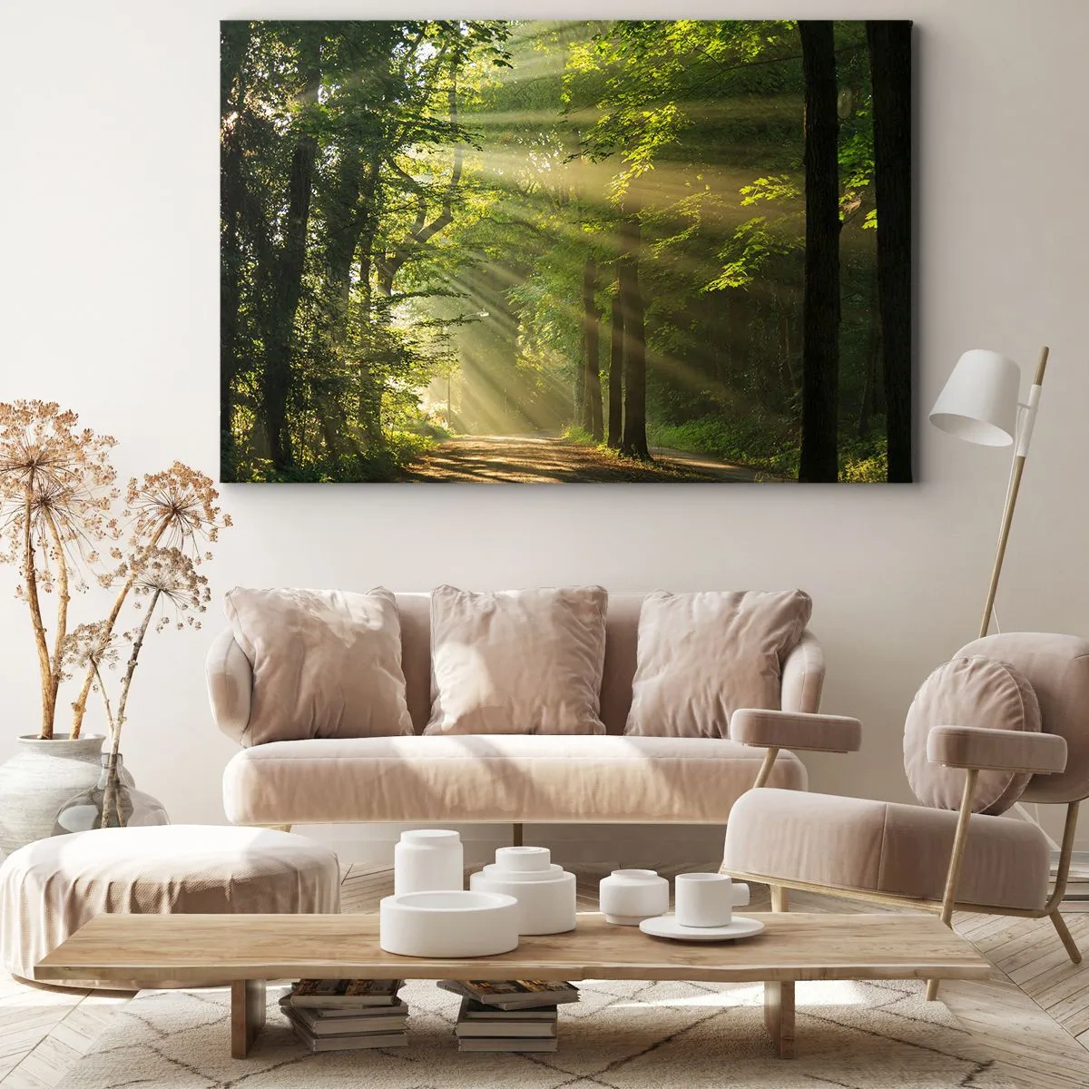 Quadro su tela - Stampe su Tela - Sentiero nel bosco con raggi di sole che brillano attraverso gli alberi - 120x80cm - Un attimo nel bosco - Decorazione murale moderna per soggiorno e camera da letto ARTTOR