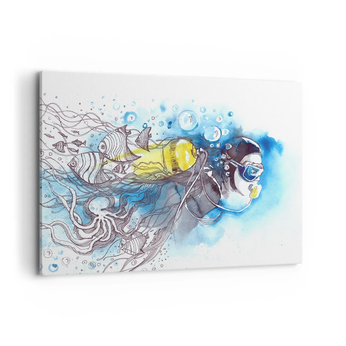 Quadro su tela - Stampe su Tela - Scena subacquea con un subacqueo e pesci esotici - 100x70cm - Il grande blu - Decorazione murale moderna per soggiorno e camera da letto ARTTOR