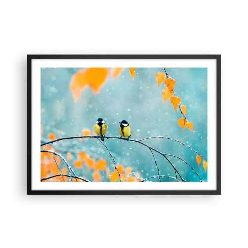 Poster in cornice nera - Due uccelli su un ramo in un ambiente invernale con foglie gialle. - 70x50cm - Pettegolezzi alati - Decorazione murale moderna per soggiorno e camera da letto ARTTOR