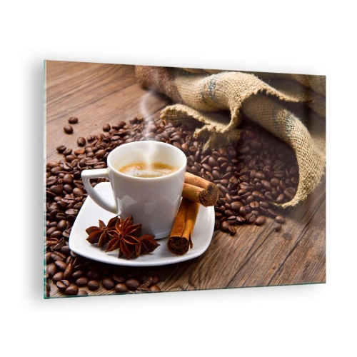 Quadro su vetro - Una tazza di caffè con cannella e chicchi di caffè su un tavolo di legno - 70x50cm - Sapore e profumo speziato - Decorazione murale moderna per soggiorno e camera da letto ARTTOR