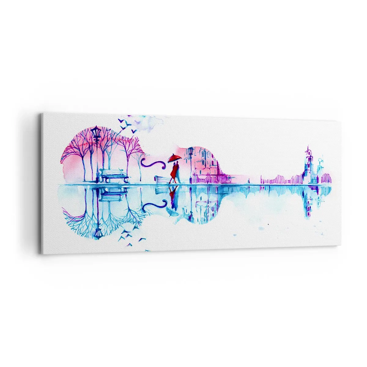 Quadro su tela - Stampe su Tela - Silhouette di città a forma di violino nei colori dell'acquerello - 120x50cm - Vi porto un cantico di pioggia - Decorazione murale moderna per soggiorno e camera da letto ARTTOR