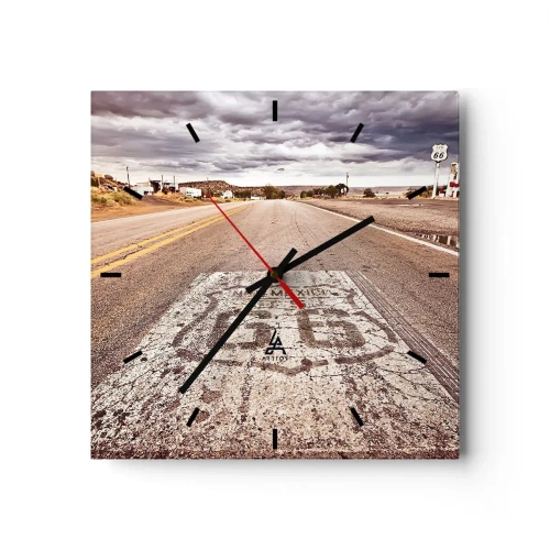 Orologio da parete - Orologio in Vetro - Route 66 in un clima desertico con un cielo pittoresco - 30x30cm - La Route 66: una leggenda americana - Decorazione murale moderna per soggiorno e camera da letto ARTTOR