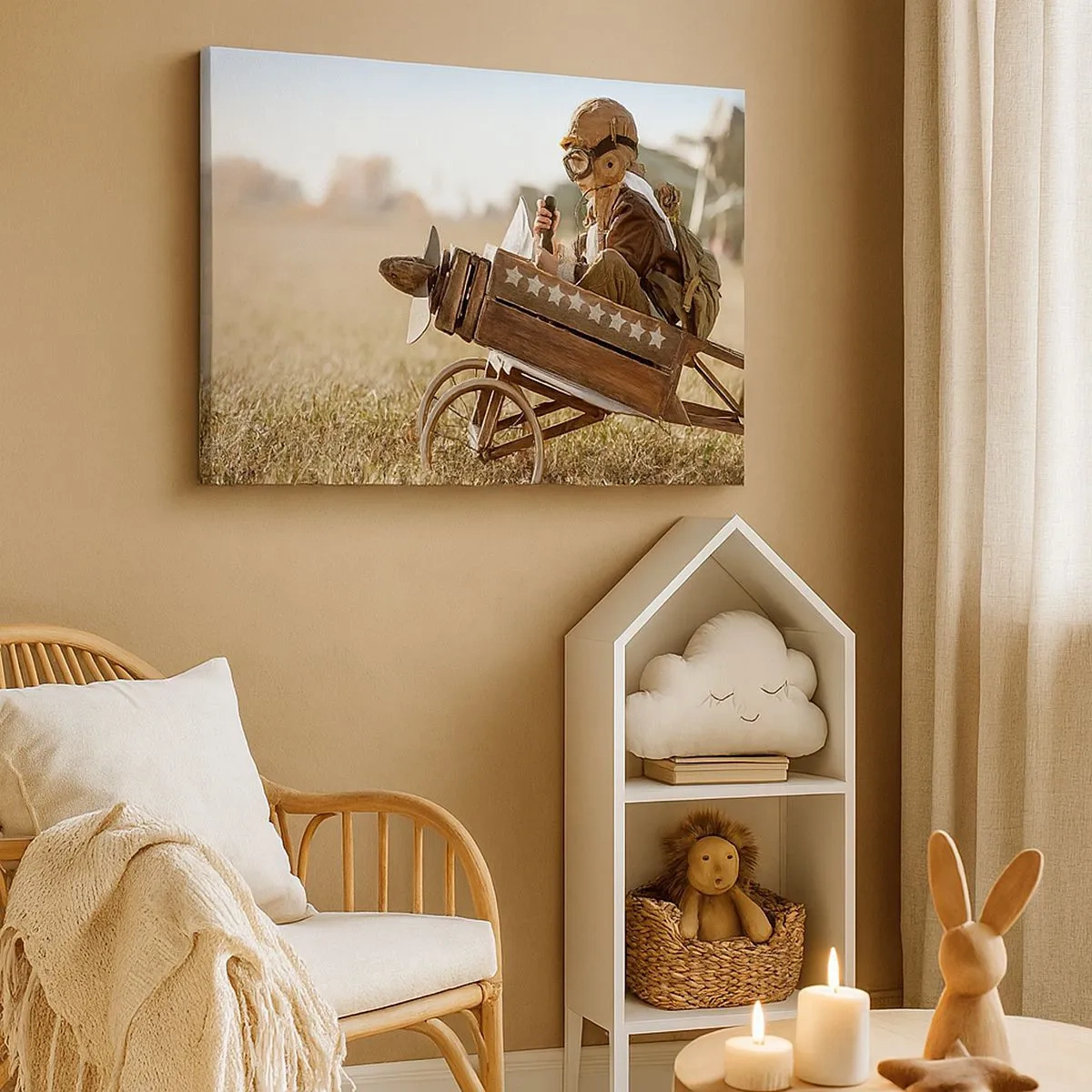 Quadro su tela - Stampe su Tela - Un bambino su un aeroplanino giocattolo con un campo sullo sfondo - 70x50cm - Decollo verso i sogni - Decorazione murale moderna per soggiorno e camera da letto ARTTOR