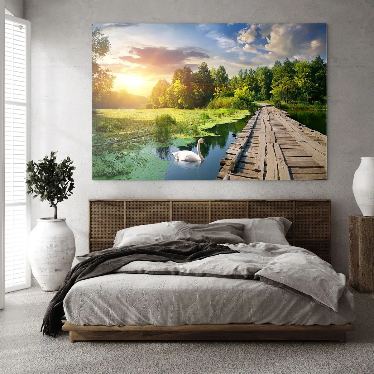 Quadro su vetro - Molo di legno su un lago con un cigno al tramonto - 70x50cm - Estate, estate ovunque - Decorazione murale moderna per soggiorno e camera da letto ARTTOR