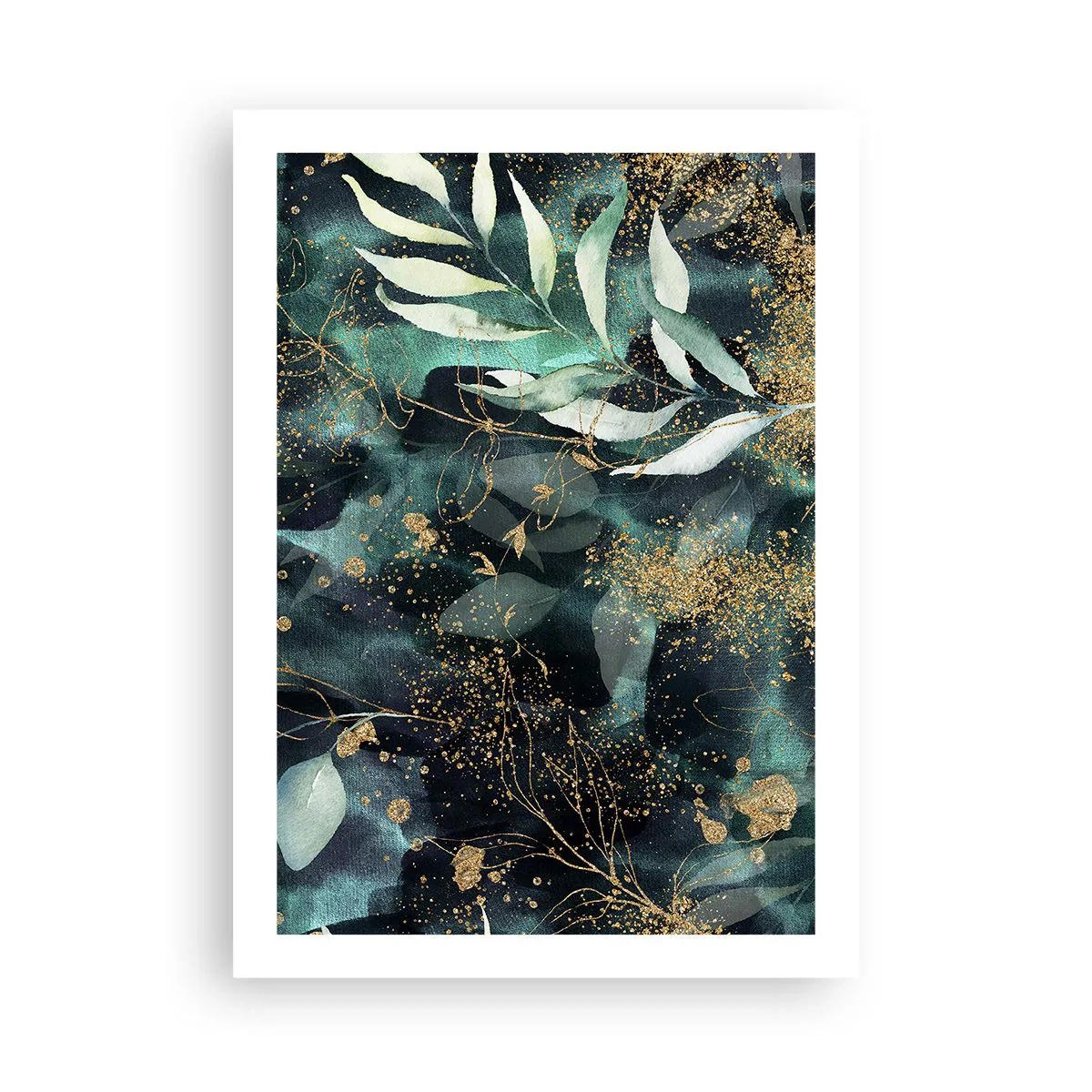 Poster - Foglie verdi e accenti dorati su uno sfondo scuro - 50x70cm - Il giardino incantato - Decorazione murale moderna per soggiorno e camera da letto ARTTOR