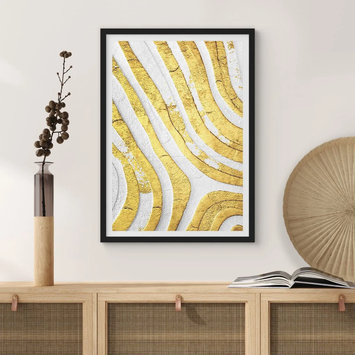 Poster in cornice nera - Composizione in bianco e oro - 70x100 cm