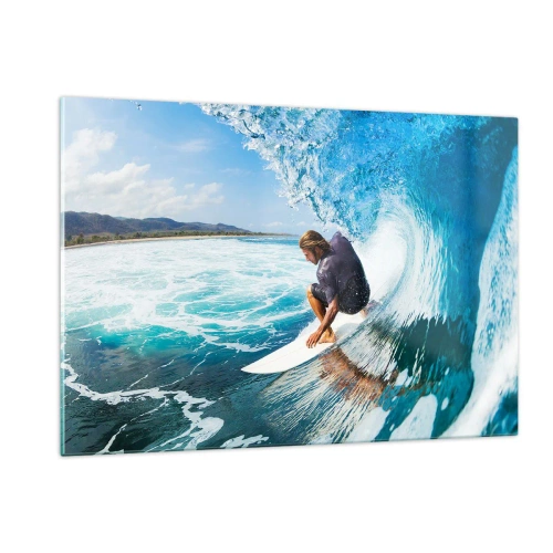 Quadro su vetro - Surfista in un tunnel d'acqua con l'oceano sullo sfondo - 120x80cm - Ballando con le onde - Decorazione murale moderna per soggiorno e camera da letto ARTTOR