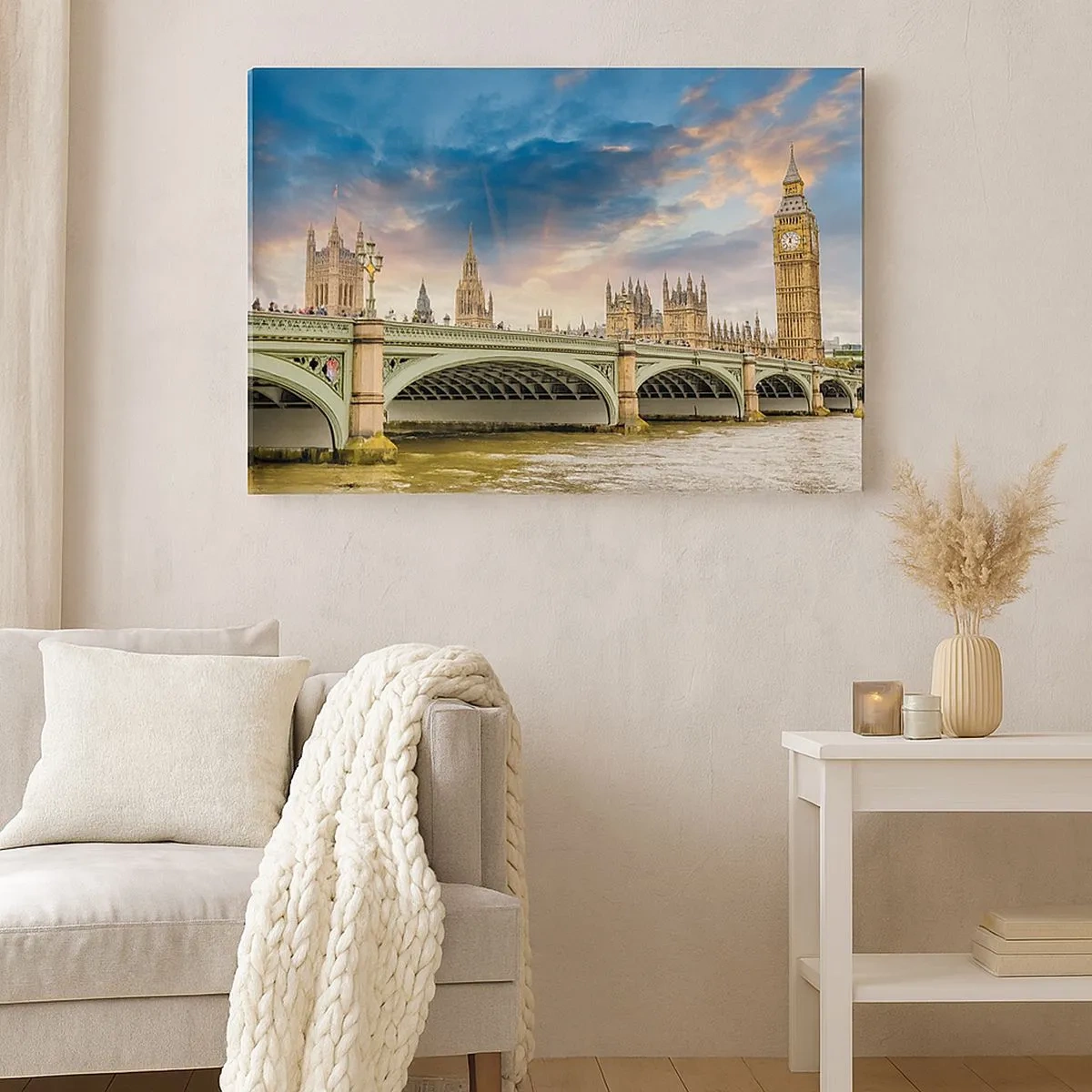 Quadro su tela - Stampe su Tela - Il Big Ben e il ponte di Westminster contro il cielo al tramonto - 70x50cm - Nell'Impero il tempo si è fermato - Decorazione murale moderna per soggiorno e camera da letto ARTTOR