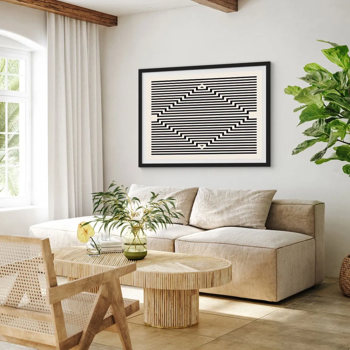 Poster in cornice nera - Linee bianche e nere che creano un effetto di illusione geometrica - 100x70cm - Illusione geometrica - Decorazione murale moderna per soggiorno e camera da letto ARTTOR