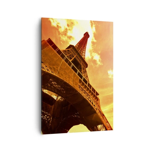Quadro su tela - Stampe su Tela - La Torre Eiffel contro un cielo dorato durante il tramonto - 70x100cm - Monumentale, perché dorata dal sole - Decorazione murale moderna per soggiorno e camera da letto ARTTOR