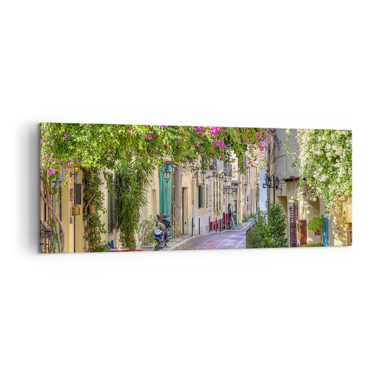 Quadro su tela - Stampe su Tela - Una strada affascinante con viti in fiore e tavolini da caffè - 140x50cm - Angolo fiorito - Decorazione murale moderna per soggiorno e camera da letto ARTTOR