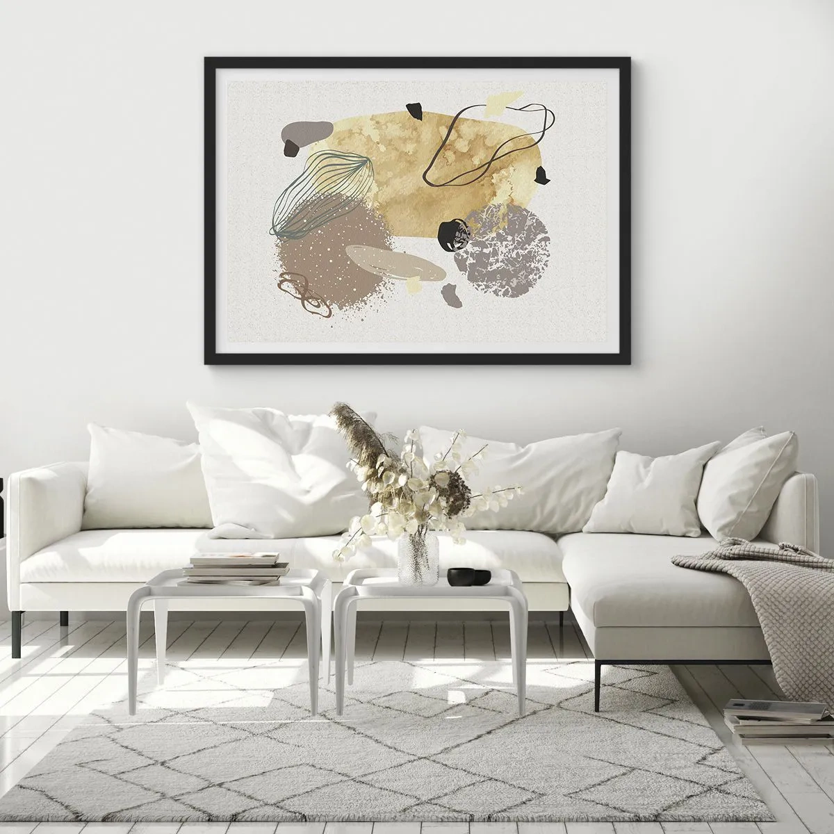 Poster in cornice nera - Una composizione di forme astratte nei toni del beige e del giallo. - 70x50cm - Schizzologia applicata - Decorazione murale moderna per soggiorno e camera da letto ARTTOR