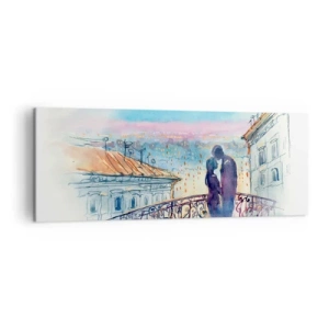 Quadro su tela - Stampe su Tela - Coppia romantica su un balcone con vista sulla città - 140x50cm - Amanti parigini - Decorazione murale moderna per soggiorno e camera da letto ARTTOR