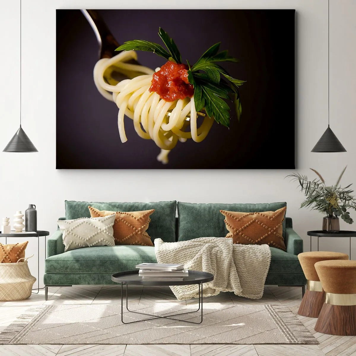 Quadro su tela - Stampe su Tela - Spaghetti alla forchetta con salsa di pomodoro e prezzemolo - 120x80cm - Un boccone delizioso - Decorazione murale moderna per soggiorno e camera da letto ARTTOR