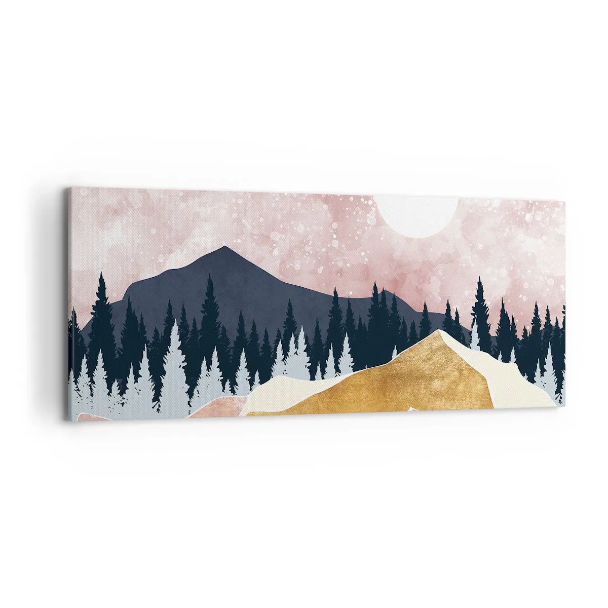 Quadro su tela - Stampe su Tela - Montagne colorate contro un cielo rosa con una luna - 120x50cm - Guardiano notturno - Decorazione murale moderna per soggiorno e camera da letto ARTTOR