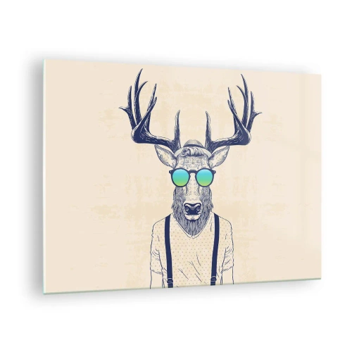 Quadro su vetro - Un elegante cervo con occhiali da sole su uno sfondo chiaro - 70x50cm - E chi ti aspettavi? - Decorazione murale moderna per soggiorno e camera da letto ARTTOR