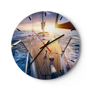 Orologio da parete - Orologio in Vetro - Uno yacht in alto mare, illuminato dai raggi del sole al tramonto - 30x30cm - Correndo sulle onde - Decorazione murale moderna per soggiorno, cucina e camera da letto ARTTOR