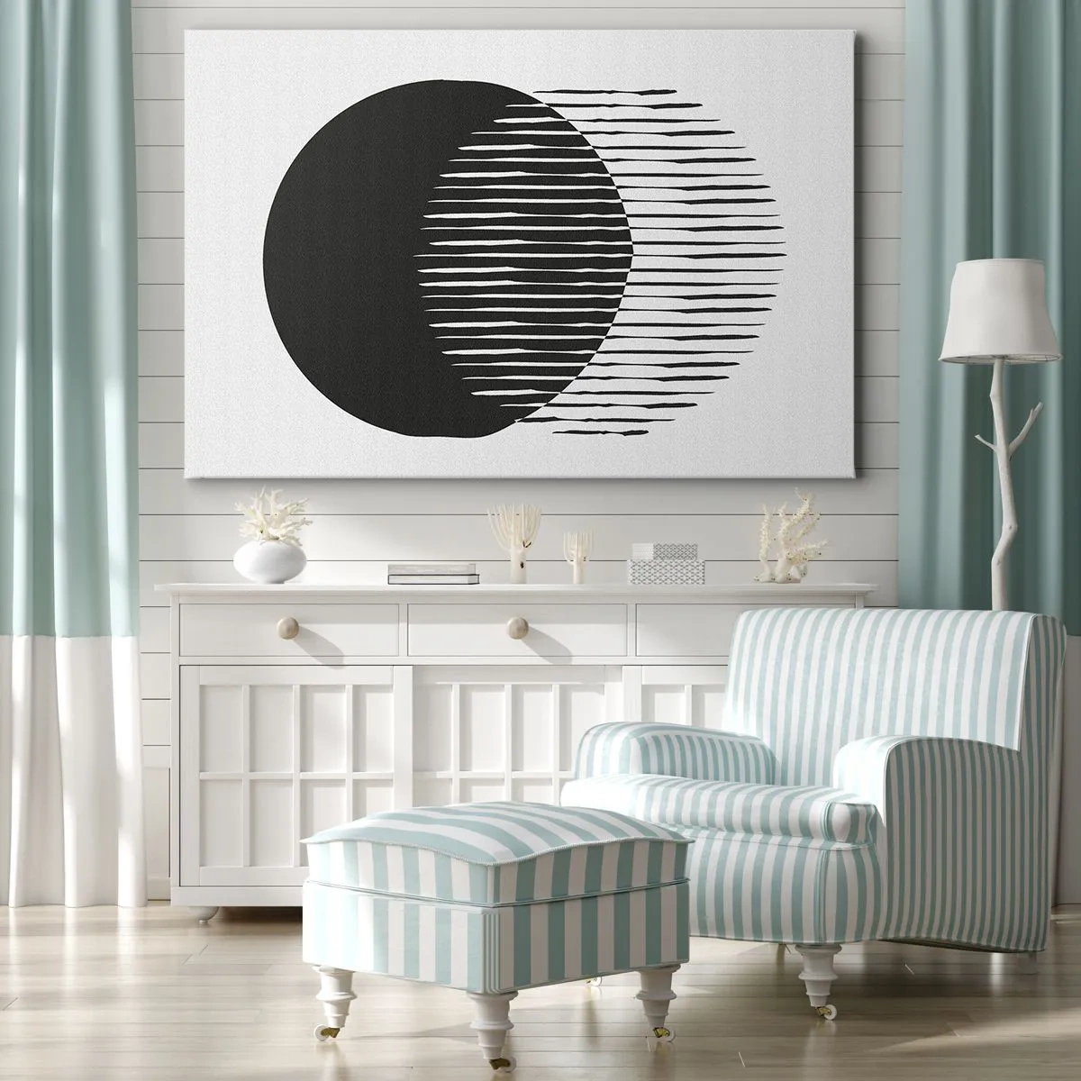 Quadro su tela - Stampe su Tela - Due cerchi sovrapposti con linee bianche e nere - 70x50cm - Il suo alter ego - Decorazione murale moderna per soggiorno e camera da letto ARTTOR