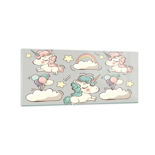 Quadro su vetro - Simpatici unicorni su sfondo pastello - 120x50cm - Sicuramente esistono… - Decorazione murale moderna per soggiorno e camera da letto ARTTOR