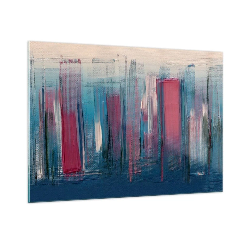 Quadro su vetro - Pennellate verticali in rosso e blu su sfondo beige - 100x70cm - Composizione verticale in blu e rosso - Decorazione murale moderna per soggiorno e camera da letto ARTTOR