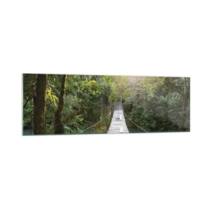 Quadro su vetro - Un ponte sospeso in una foresta tropicale illuminato dalla luce del sole. - 160x50cm - Sull'acqua azzurra verso il bosco azzurro - Decorazione murale moderna per soggiorno e camera da letto ARTTOR