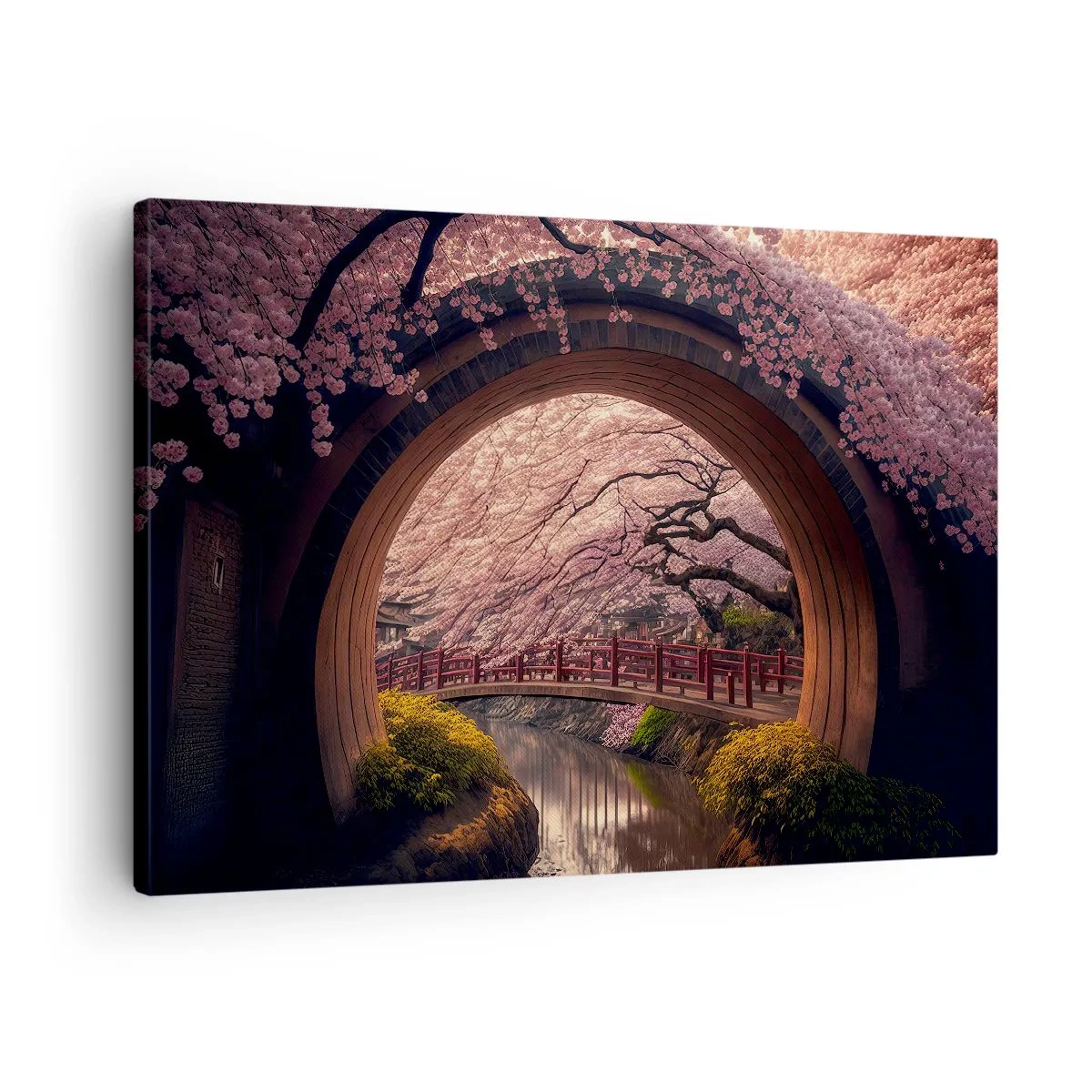 Quadro su tela - Stampe su Tela - Un ponte tradizionale giapponese circondato da fiori di ciliegio - 70x50cm - Primavera giapponese - Decorazione murale moderna per soggiorno e camera da letto ARTTOR