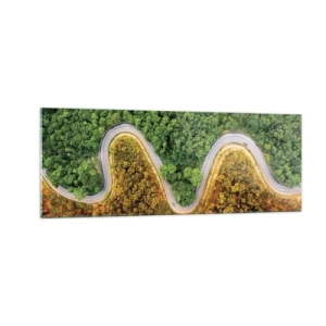 Quadro su vetro - Una strada tortuosa attraverso la foresta vista da una prospettiva a volo d'uccello - 140x50cm - Confine e separazione - Decorazione murale moderna per soggiorno e camera da letto ARTTOR