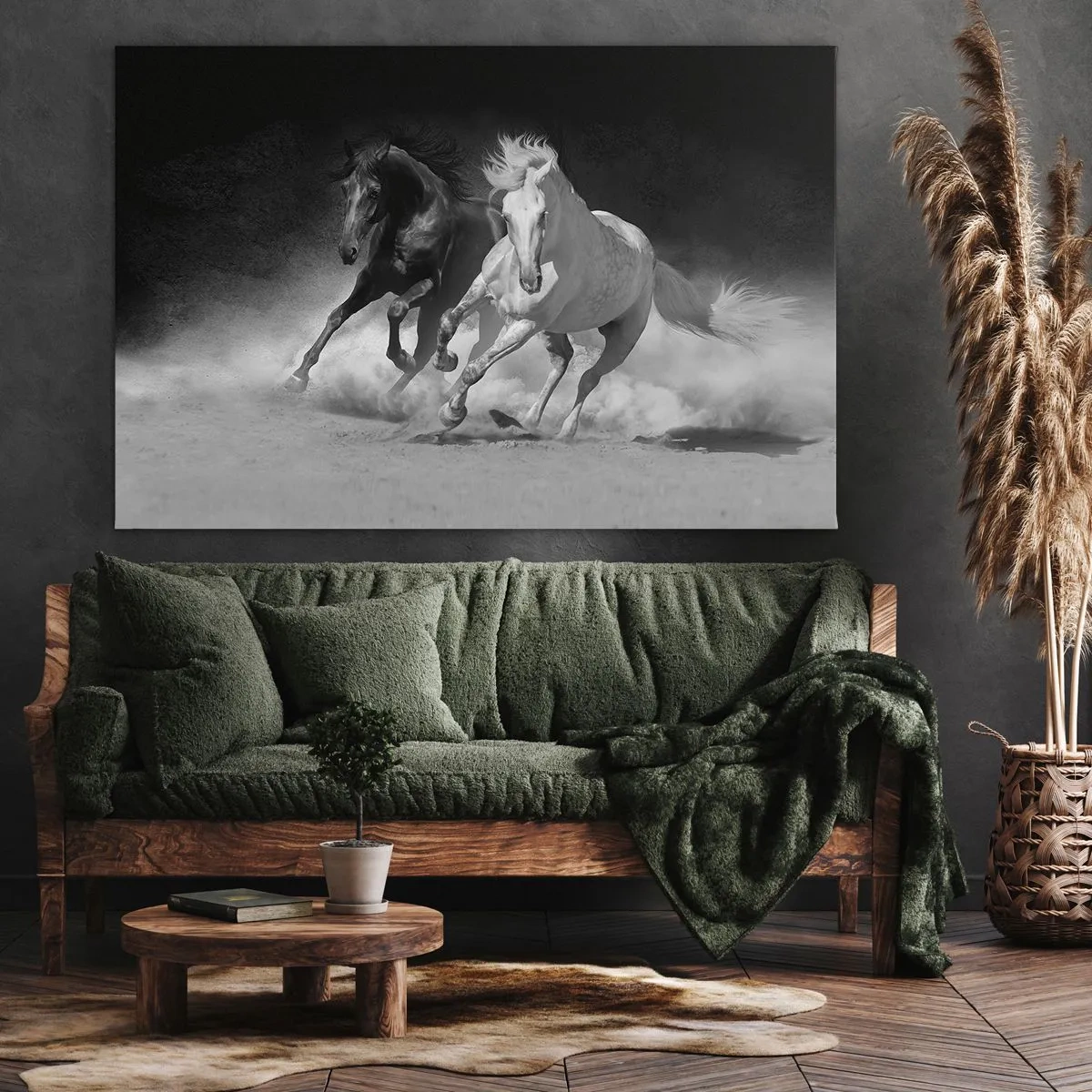 Quadro su tela - Stampe su Tela - Cavalli in corsa in bianco e nero - 70x50cm - Il galoppo della libertà - Decorazione murale moderna per soggiorno e camera da letto ARTTOR