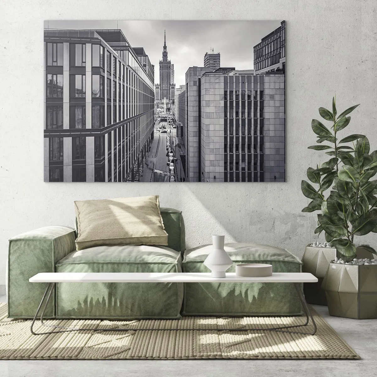 Quadro su vetro - Vista della città in bianco e nero con grattacieli e una strada - 70x50cm - La valle di Varsavia - Decorazione murale moderna per soggiorno e camera da letto ARTTOR