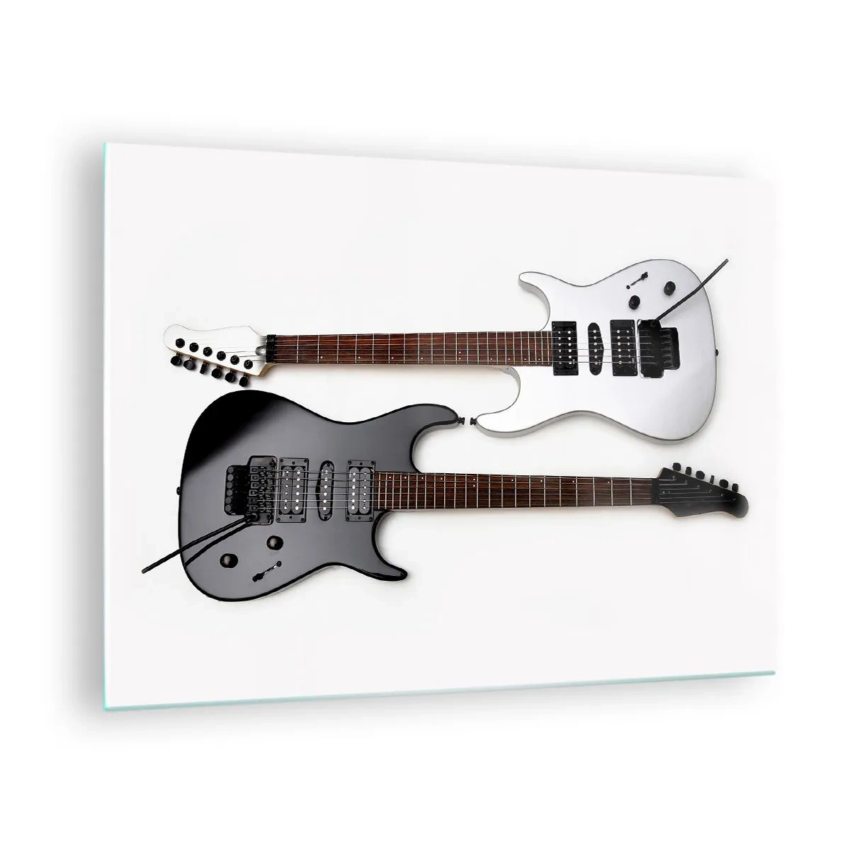 Quadro su vetro - Chitarre elettriche in bianco e nero su sfondo bianco - 70x50cm - Armonia delle forme - Decorazione murale moderna per soggiorno e camera da letto ARTTOR