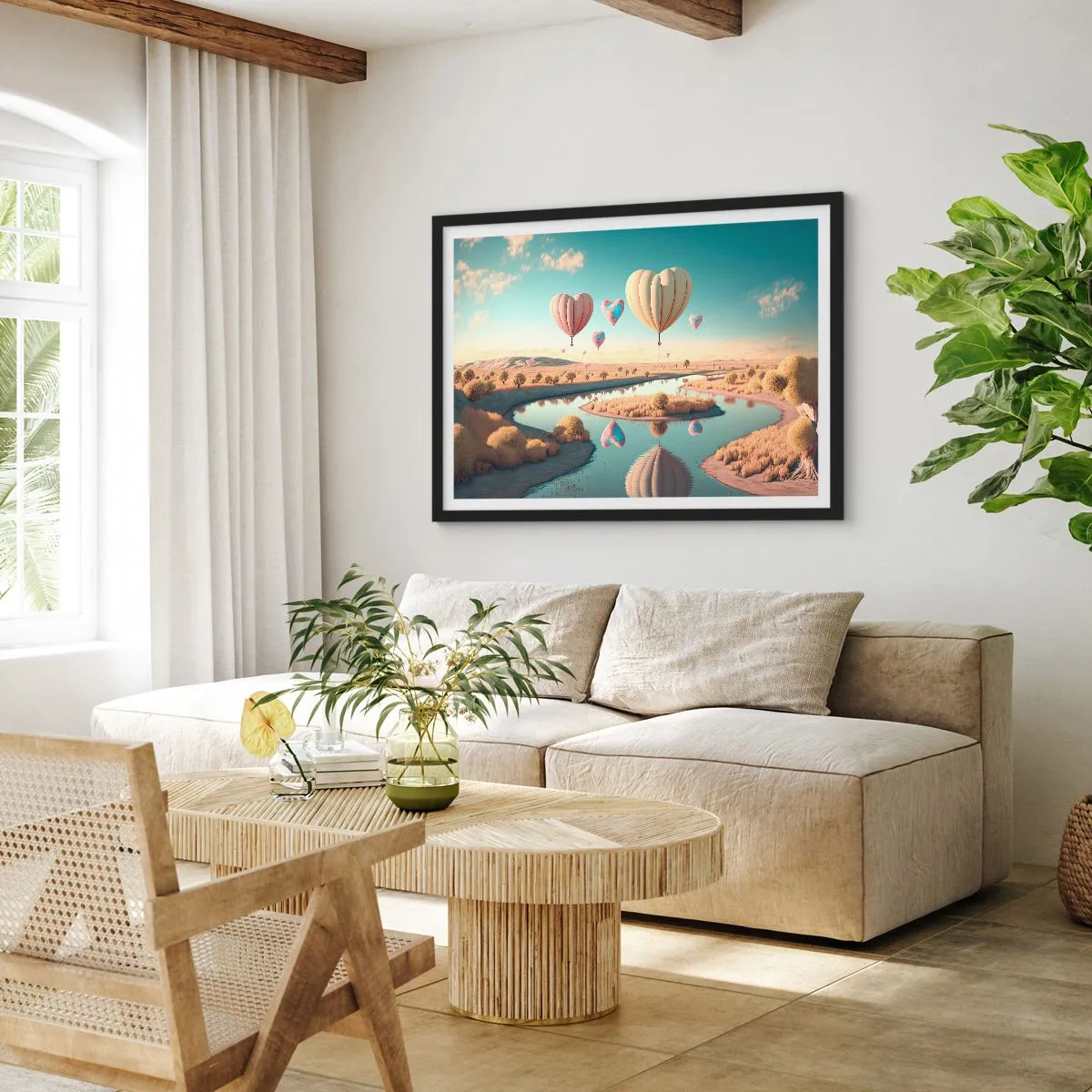 Poster in cornice nera - Palloncini a forma di cuore che fluttuano sopra il paesaggio - 70x50cm - L'amore permette di volare - Decorazione murale moderna per soggiorno e camera da letto ARTTOR