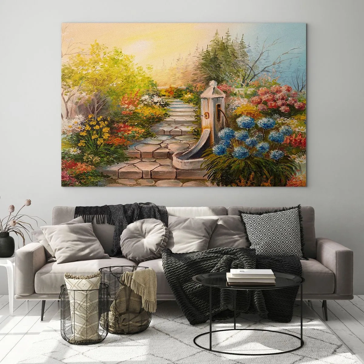 Quadro su vetro - Un giardino fiorito con una fontana in piena fioritura - 70x50cm - In piena fioritura - Decorazione murale moderna per soggiorno e camera da letto ARTTOR