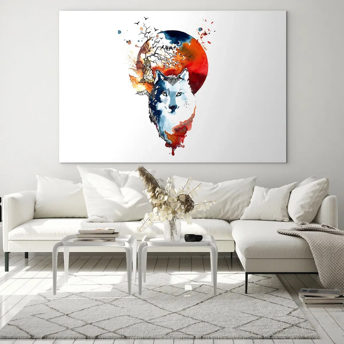 Quadro su vetro - Illustrazione di un lupo con una luna piena sullo sfondo - 100x70cm - Naso a naso con la notte - Decorazione murale moderna per soggiorno e camera da letto ARTTOR