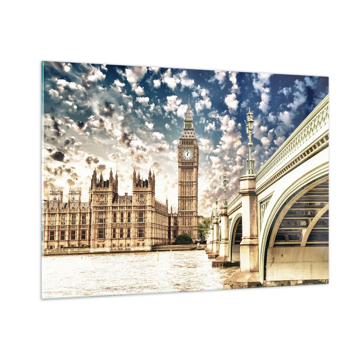 Quadro su vetro - Big Ben e Westminster Bridge a Londra - 100x70cm - Cirri sul Tamigi - Decorazione murale moderna per soggiorno e camera da letto ARTTOR