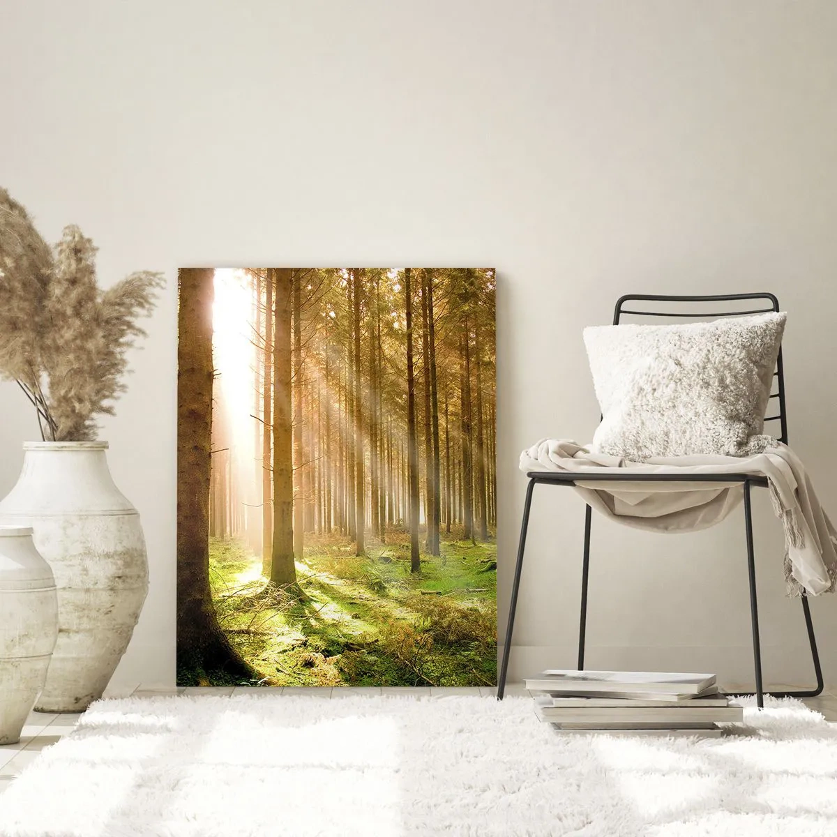 Quadro su vetro - Raggi di sole che penetrano attraverso gli alberi nella foresta - 50x70cm - Adesso appaiono gli elfi - Decorazione murale moderna per soggiorno e camera da letto ARTTOR